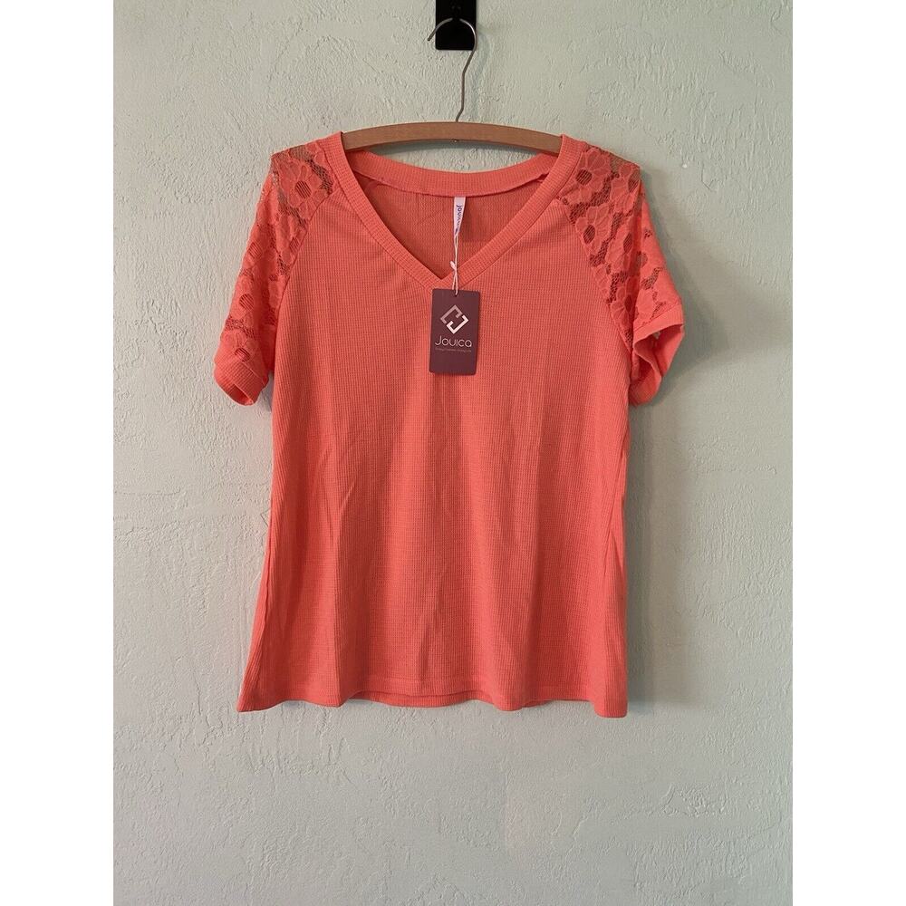 Jouica Women's Peach Medium Short Sleeve Casual V Neck Lace Sleeves